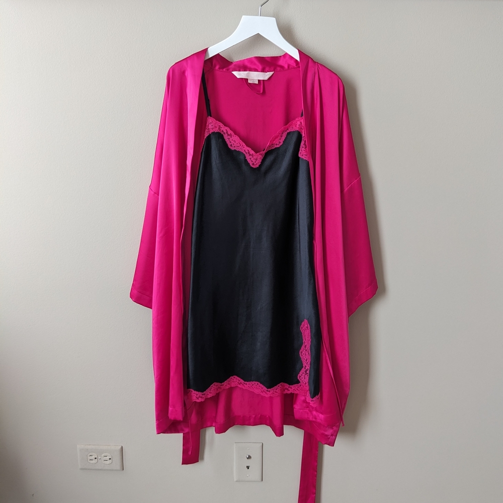 Victoria's Secret Y2K Vintage Black And Pink Lingerie Nightgown And Robe Set